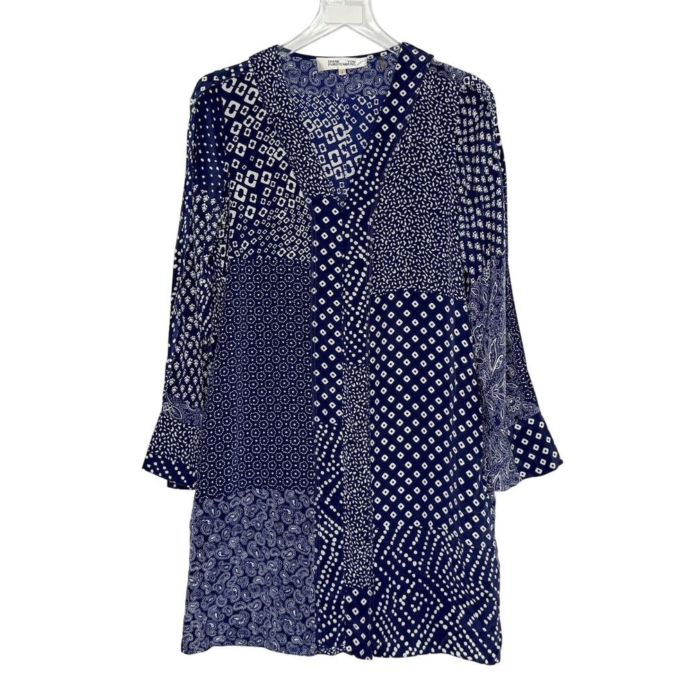 Diane von Furstenberg Reid Long Sleeve Dress S Blue Patchwork 100% Silk Designer
